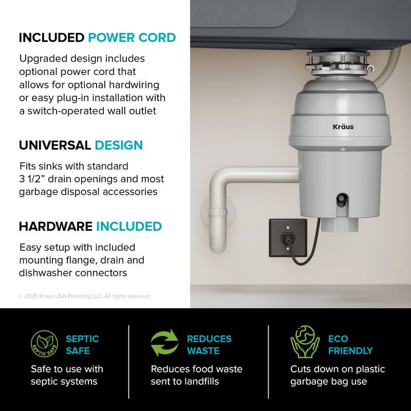 Kraus KWD201-100 WasteGuard 1 HP Continuous Garbage Disposal - Matte Cool Grey