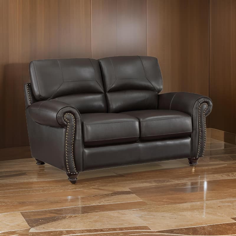 Kia 63 Inch Loveseat, Dark Brown Top Grain and Faux Leather, Solid Wood