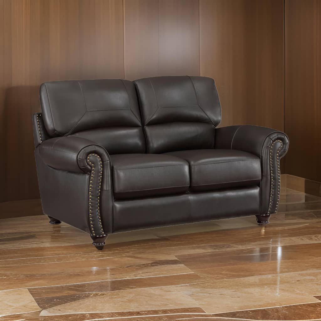 Kia 63 Inch Loveseat, Dark Brown Top Grain and Faux Leather, Solid Wood