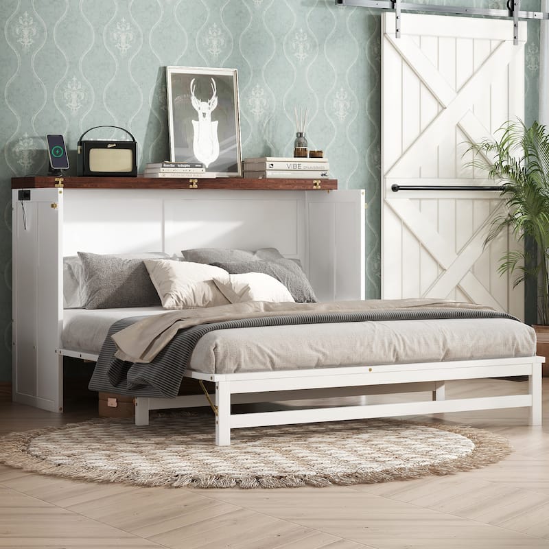 Murphy Bed Cabinet Queen with Storage Drawer and Charging Station, USB Port, Solid Pine Murphy Bedframe for Home Office