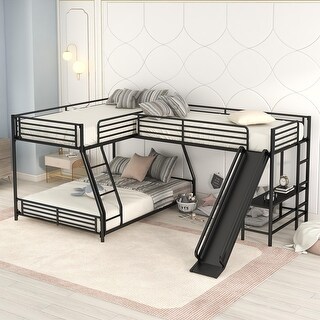 L-Shaped Twin over Full Bunk Bed with Twin Loft, Built-in Desk, Slide, Guardrails, Metal Frame, Space-Saving Design, Black