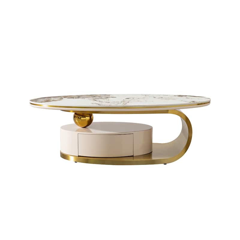 Modern Coffee Table, Sintered Stone Coffee Table with 2 Drawers and Stainless Steel Base, for Living Room