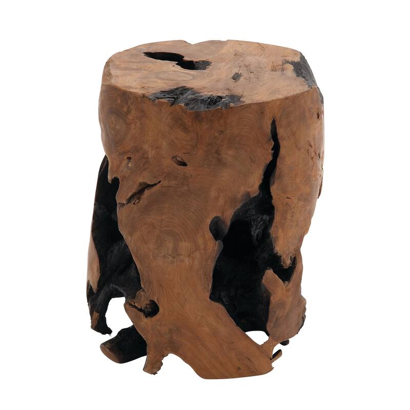 Teak Wood Handmade Live Edge Stump Side End Accent Table with Charred Detailing - Brown - Roche River Decor
