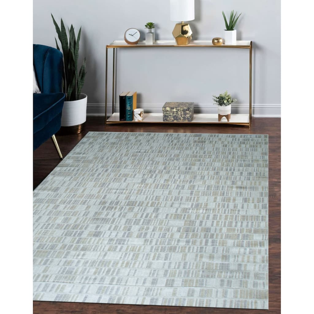 Ivory Hand-Knotted Wool Geometric High Low Textured Area Rug, Stylish Soft Texture for Modern Interiors - L
