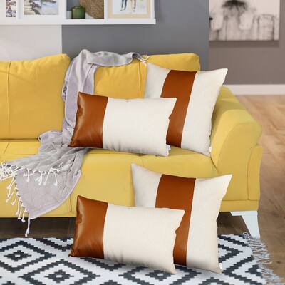 Bohemian Mixed Set of 4 Vegan Faux Leather Brown Solid Throw Pillow Cover
