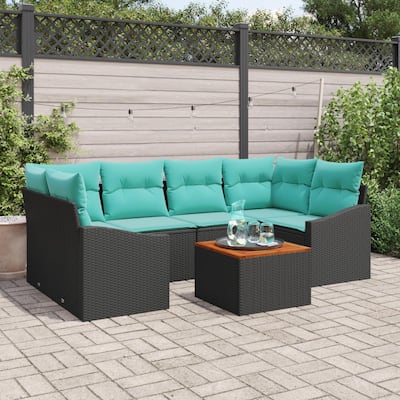 vidaXL 7 Piece Garden Sofa Set with Cushions Black Poly Rattan Acacia - 92.1×48.6×27.2