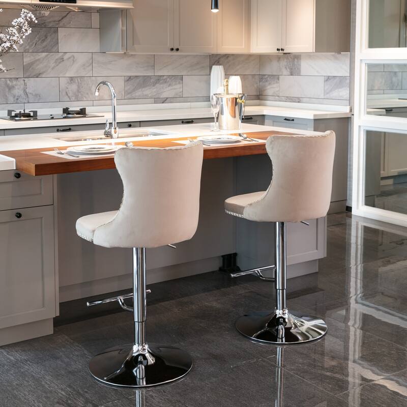 Set of 2 Swivel Velvet Bar Stools with Adjustable Height
