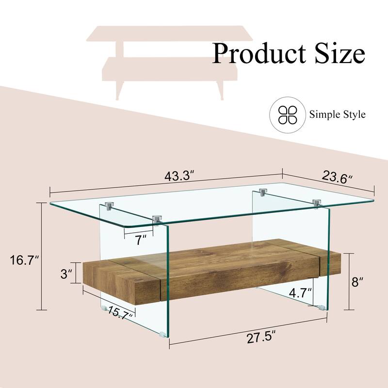 Roomfitters 43.3" Two-Tier Glass Coffee Table with Light Wood Shelf, Side Table or Display Stand