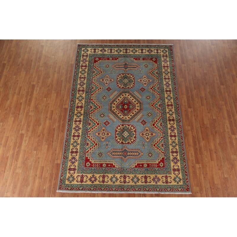 Hand Knotted Oriental 100% Wool Carpet Traditional Geometric Navy Blue & Blues Kazak Area Rug - 9' 9'' X 6' 6''