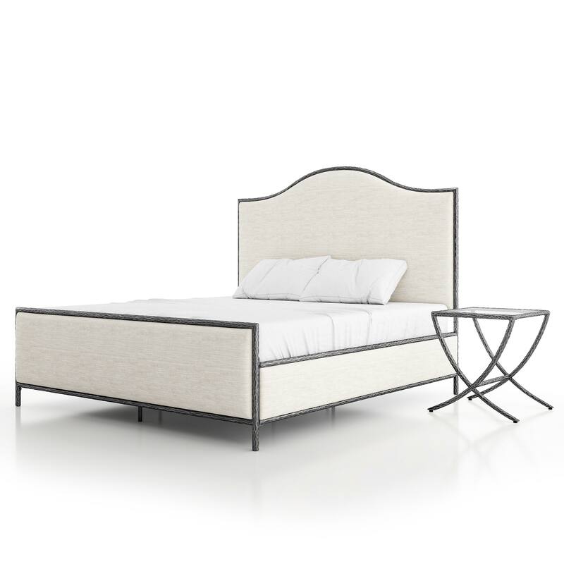 247 Shop At Home Lalia Modern 2-Piece Upholstered Hammered Metal Camelback Bedroom Set with Nightstand - Matte Grey - King