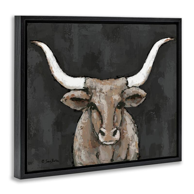 Stupell Longhorn on Murky Grey Framed Floater Canvas Wall Art Design By Sara Baker