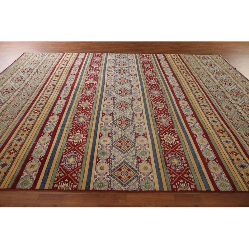 Striped Kazak Geometric Area Rug Wool Carpet - 9'10" x 12'9"