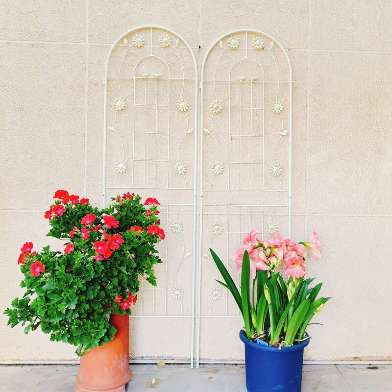 Anmytek Decorative Metal Garden Trellis Set of 2 with Arch Top Daisy Motifs Green Weather Resistant Climbing Plant Support