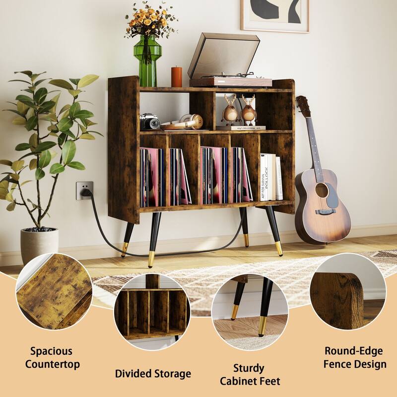 Retro Vinyl Stand with Charging Hub, Record Player Stand with Power Outlet and USB Ports