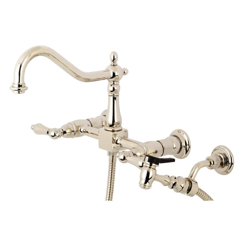 Heritage Two-Handle Wall Mount Bridge Kitchen Faucet with Brass Sprayer - Polished Nickel