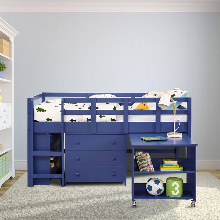 Twin Size Low Loft Bed with Desk and Storage - Kids Pine Wood Loft Bed with Cabinet and Study Space