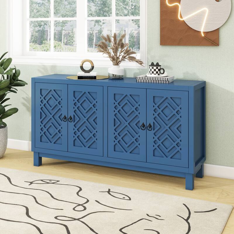 Large Storage Space Sideboard, 4 Door Buffet Cabinet with Pull Ring Handles