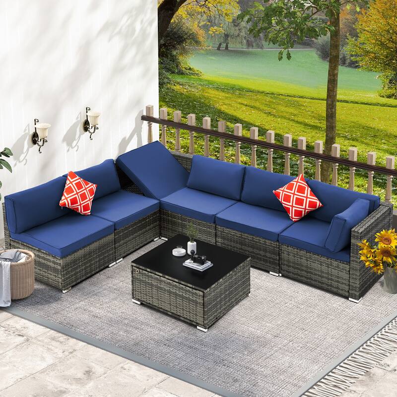 EROMMY 6/7 Piece Modular Outdoor Rattan Sofa Set, All-Weather Wicker Patio Furniture with Storage Table, Cushions & Pillows - 7 Pcs - Navy