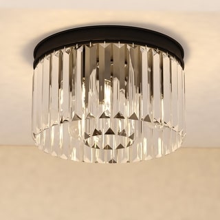 Allerton 3-Light Matte Black Modern Drum Flush Mount Lighting Fixture, Clear Crystal Prisms Shade Low Ceilings, Kitchen