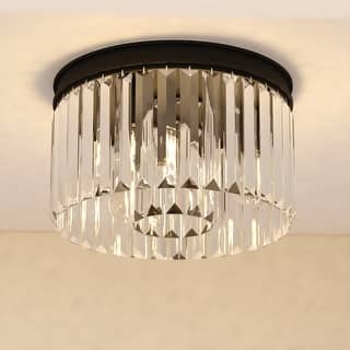Allerton 3-Light Matte Black Modern Drum Flush Mount Lighting Fixture, Clear Crystal Prisms Shade Low Ceilings, Kitchen