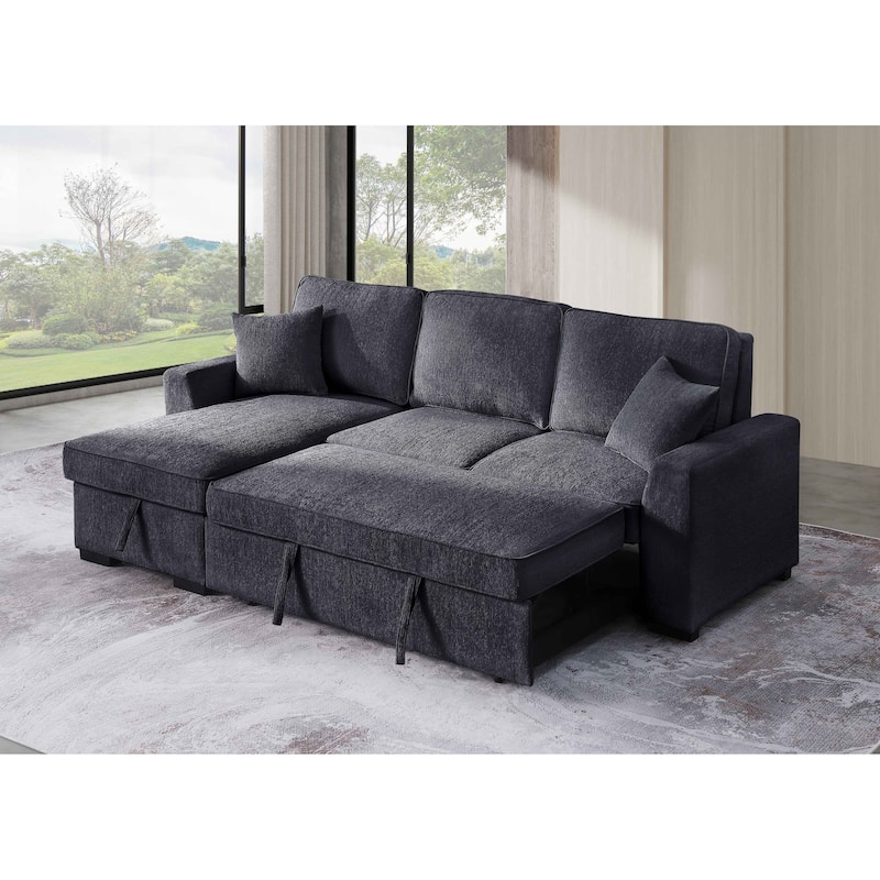 Chenille Reversible Sectional Sofa Convertible Pull Out Couch Bed