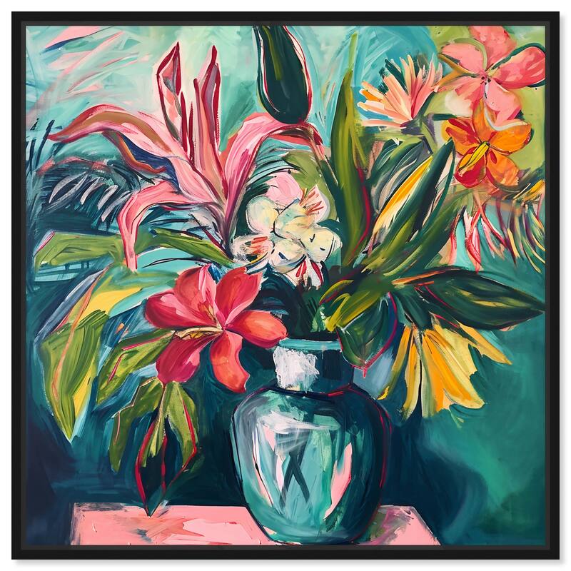 Art Remedy Vase Of Bright Tropical Flowers Framed Flowers In Vase Paintings - 41 x 41 - Black