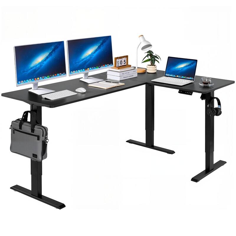 Black Particleboard and Carbon Steel L-Shaped Electric Desk with Height Adjustable Dual Motors