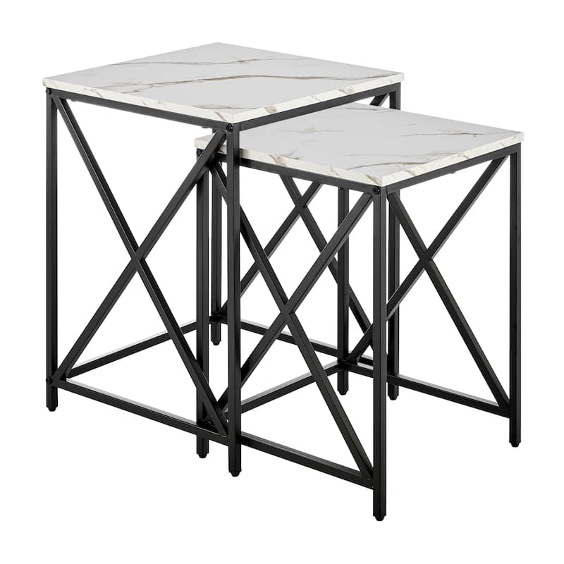 Modern Square Marble Finish Veneer Top Black Metal Frame Nesting End Tables - Set of 2 - White