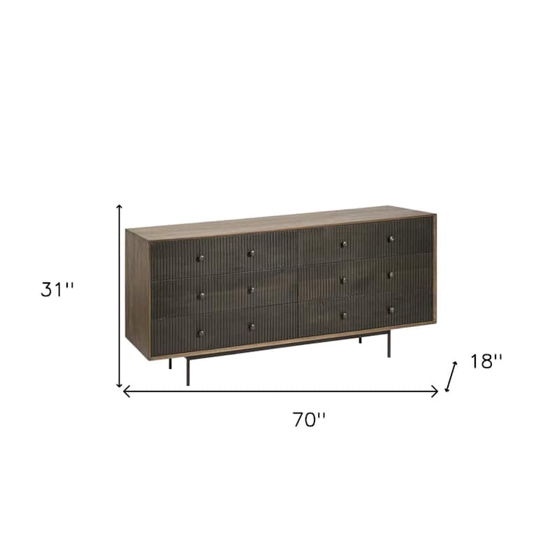 HomeRoots 70" Brown and Black Solid Wood Six Drawer Sideboard - 18' X '31' X '70