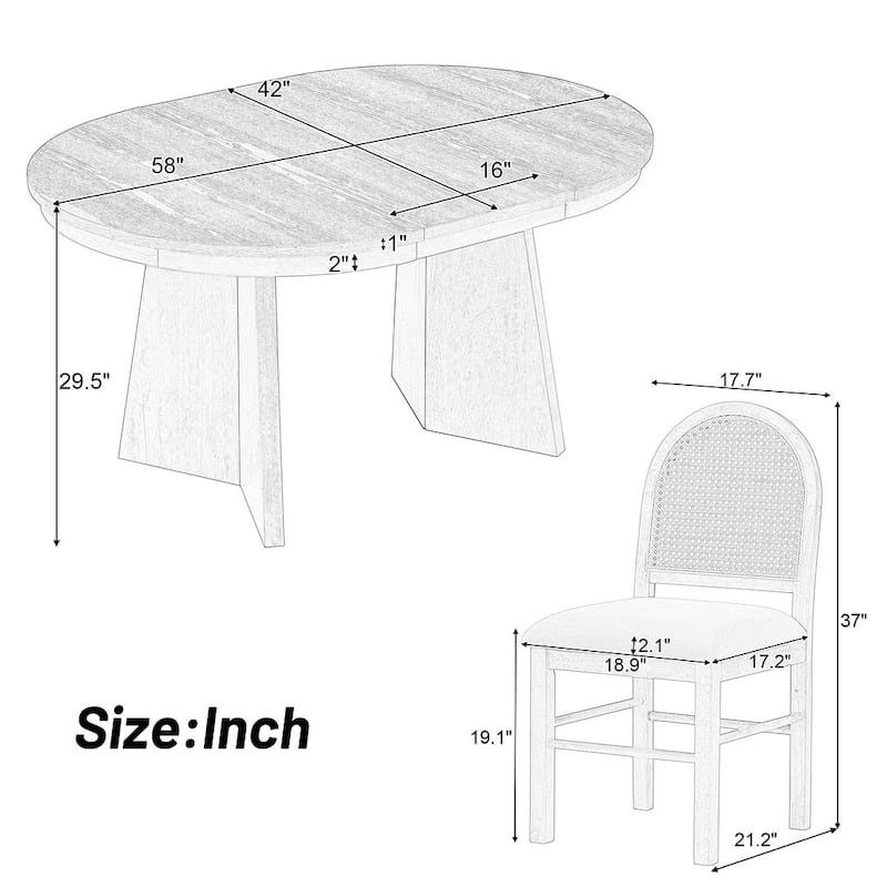 5 PCS Retro Functional Extendable Dining Set for 4 with 4 Upholstered Chairs with Rattan Backrests