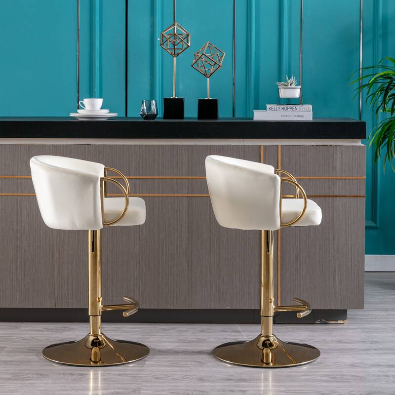 Set of 2 Bar Stools,with Chrome Footrest,Base Swivel Height Adjustable Mechanical Lifting Velvet + Golden Leg Simple Bar Stool