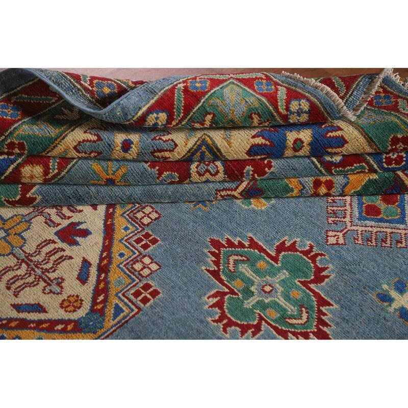 Hand Knotted Oriental 100% Wool Carpet Traditional Geometric Navy Blue & Blues Kazak Area Rug - 9' 6'' X 6' 8''