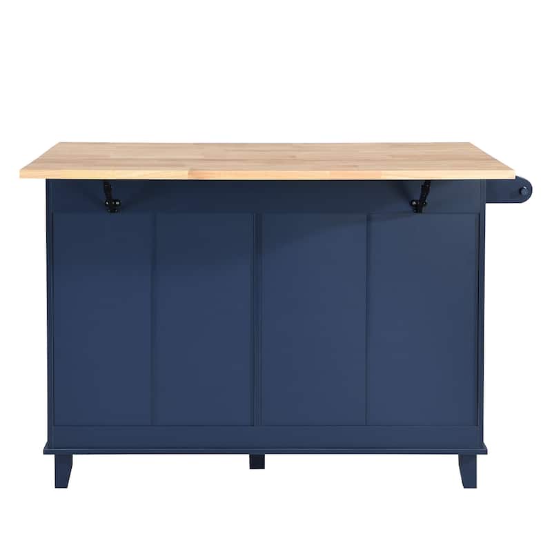 Rubber Wood Top Drop Leaf Kitchen Island Set with 2 Seatings, Closed Storage Breakfast Bar Set with Towel Rack and Drawers, Blue
