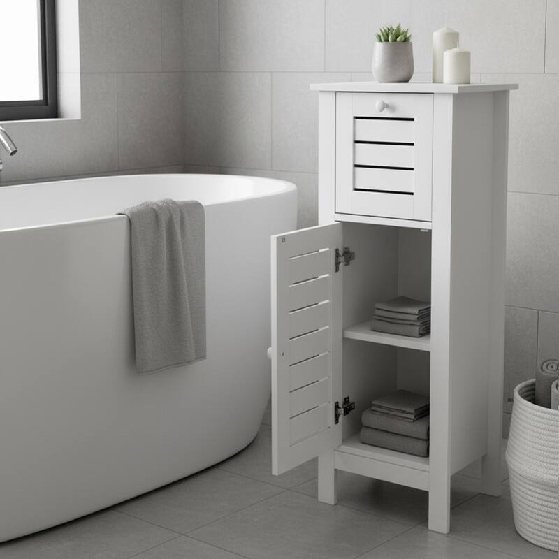 Santorin Compact White Bathroom Storage Cabinet with Drawer and Vented Door - 14.7"L x 11.13"W x 32.12"H