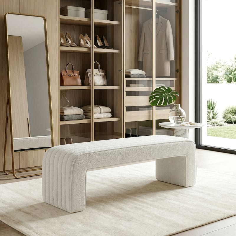 Benicia White Boucle Upholstered Fabric Tufted Bench