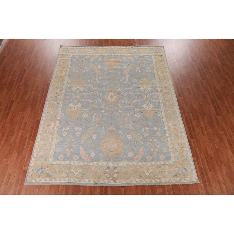 Hand Knotted Oriental 100% Wool Carpet Transitional All-Over Navy Blue & Blues Oushak Area Rug - 11' 10'' X 9' 1''