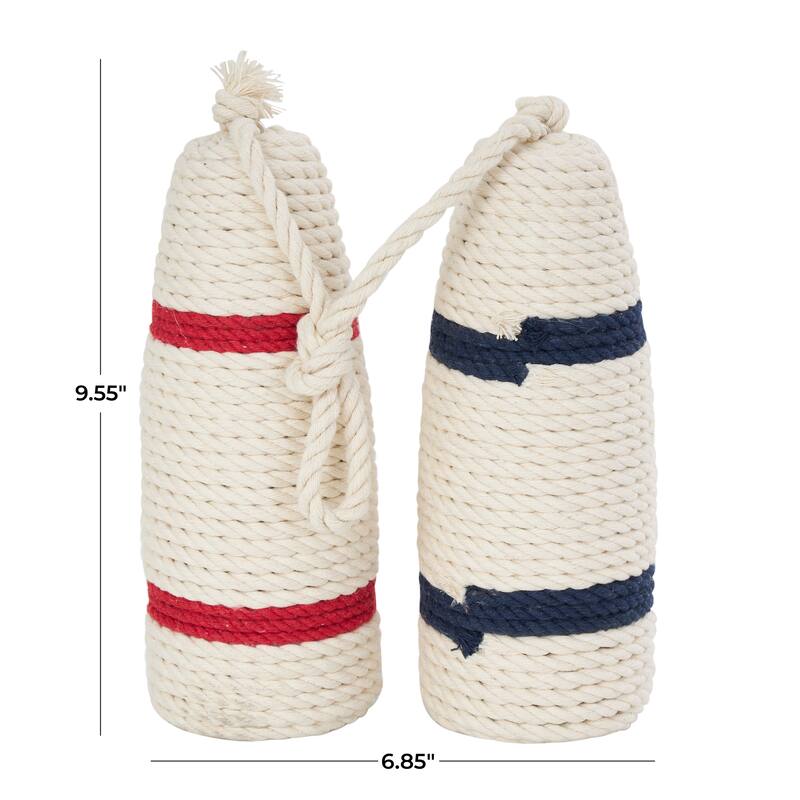 White or Brown Wood Handmade Coiled Striped Rope Buoy Sculpture with Joined Hanging Handle (Set of 2)