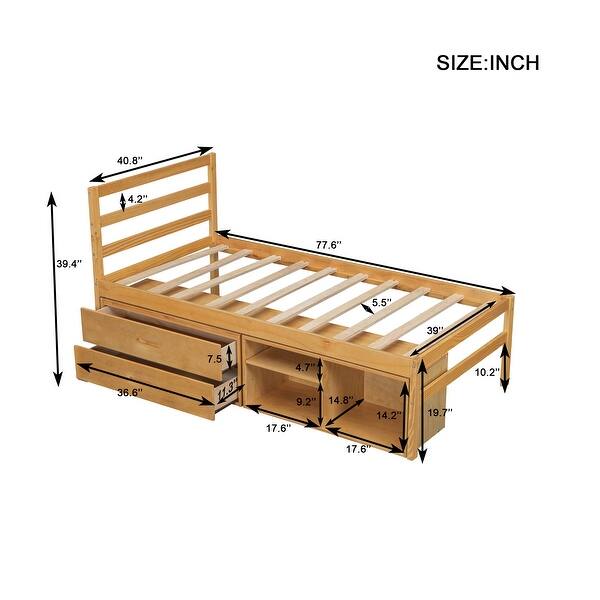 dimension image slide 0 of 6, Wooden Platform Bed Frame with Removable Storage Shelves, Built-in Two Storage Drawers and Headboard for Kids, Teens