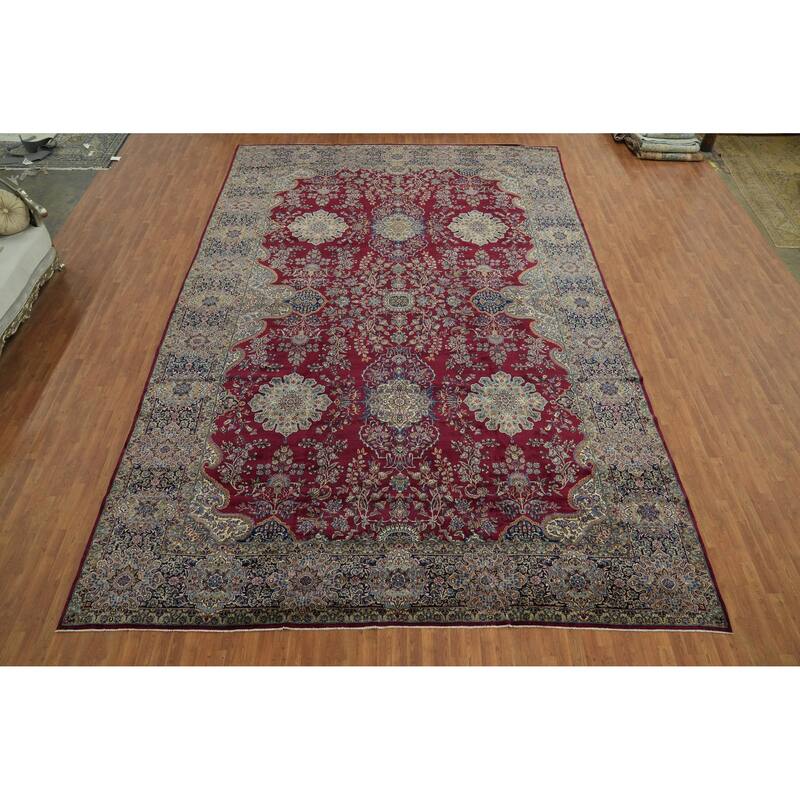 Hand Knotted Oriental 100% Wool Carpet Traditional Floral Red Kerman Area Rug - 19' 4'' X 12' 9''
