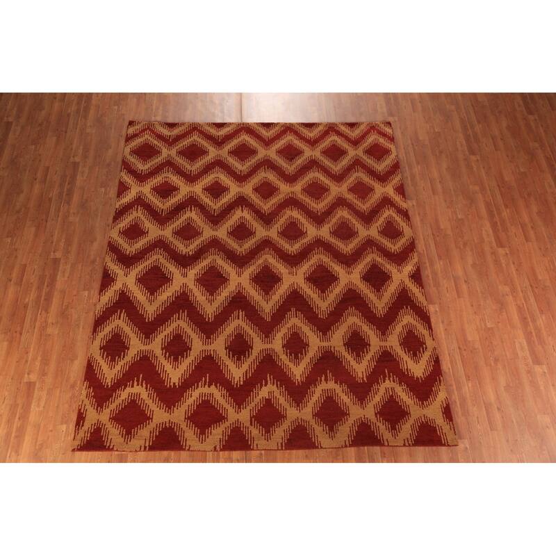 Hand Knotted Oriental 100% Wool Carpet Modern Geometric Red Moroccan Area Rug - 9' 7'' X 7' 11''