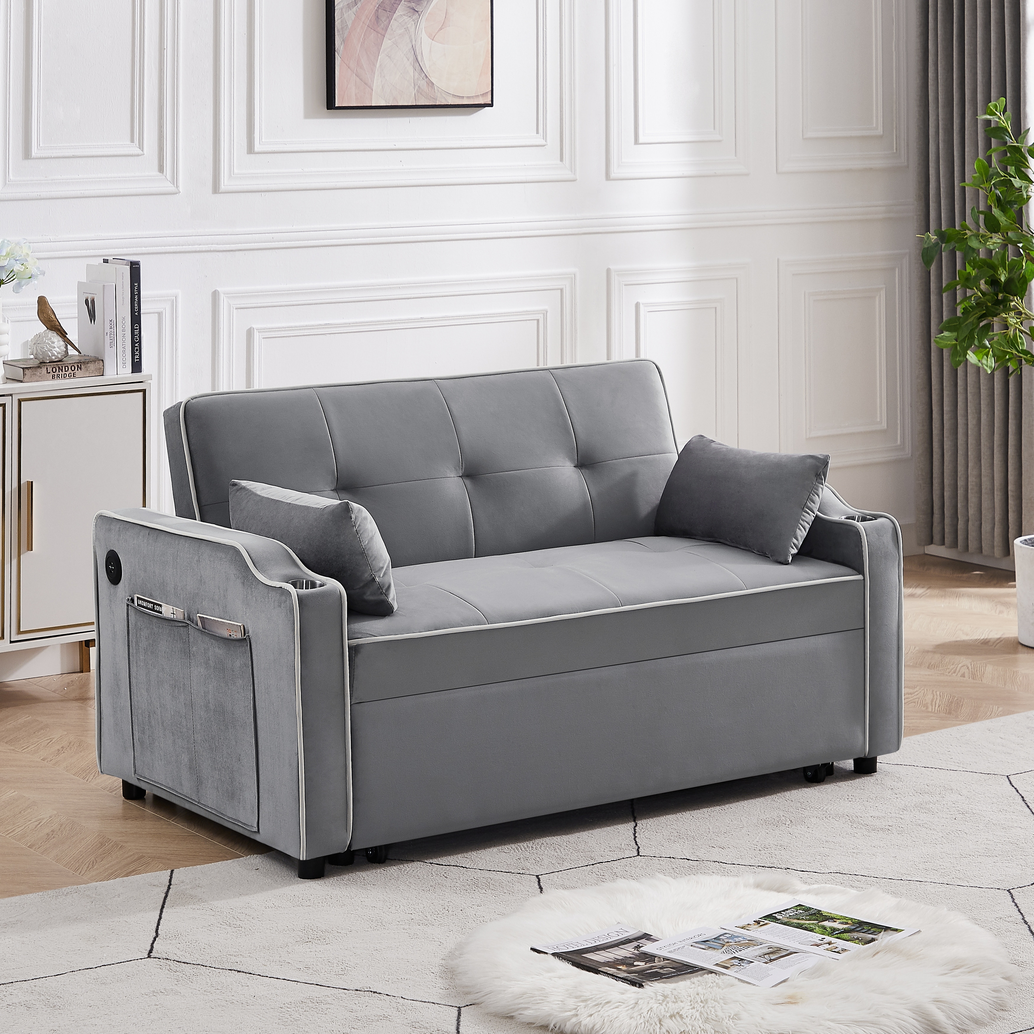 Grey sofa bed online with cup holder