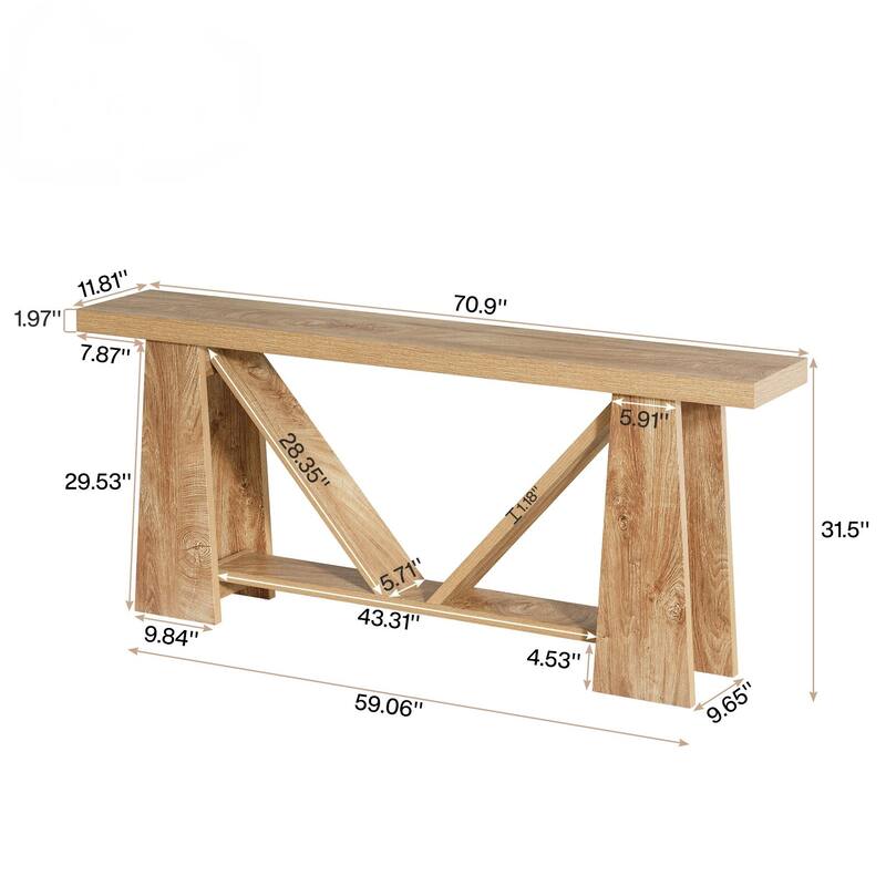 70.9" Extra Long Console Table, Natural Brown Wood Sofa Table Behind Couch, 2-Tier Narrow Entryway Hallway Accent Table