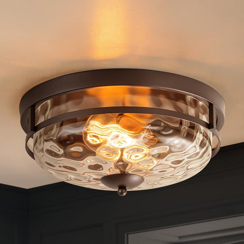2-Light Modern Industrial ORB/Gold Ceiling Light Dome Cone Clear Water Rippled Glass Flush Mount Light