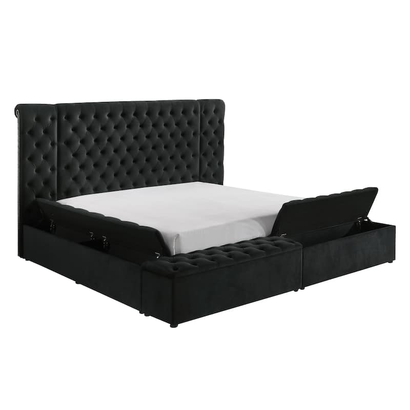 Queen Size Upholstered Wooden Storage Bed with Tufted Headboard and Multiple Storage Compartments