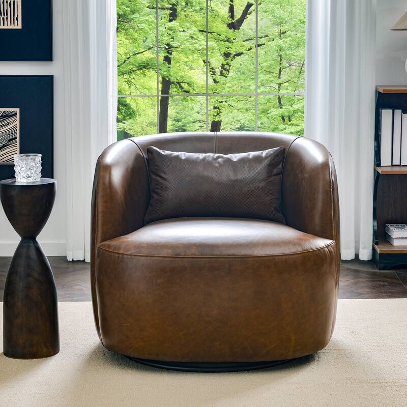 KINWELL 100% Top Grain Genuine Leather Swivel Armchair with Pillow