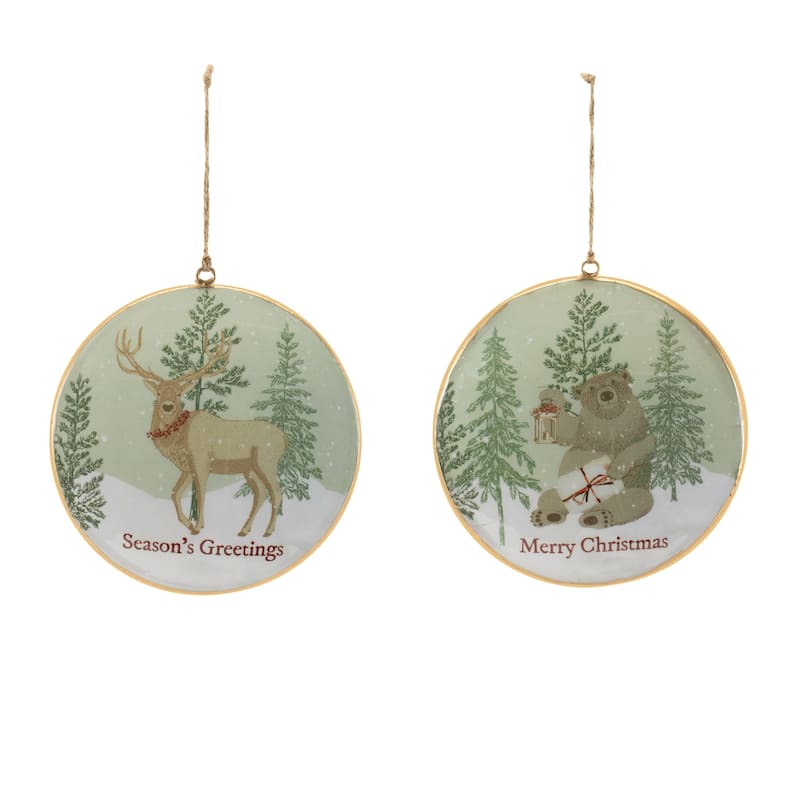 Forest Animal Christmas Disc Ornaments - 5.75" - Green and White - 6ct