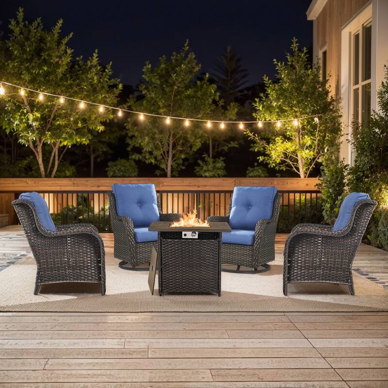 Pocassy 5 Pieces Outdoor Patio Chairs with Fire Pit Table - Brown Wicker Blue Cushion - 7 Pieces Chairs with Fire Table