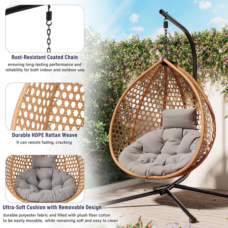 Sturdy Hammock Chair with Stand, Rattan Hanging Egg Chair with Soft Removable Cushion Swing Chairs for Balcony