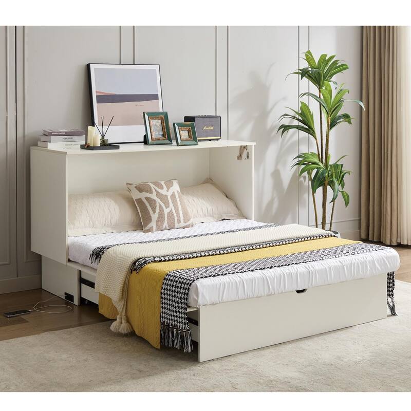 Queen Size Murphy Bed Cabinet with Storage Drawer, Folding Foam Mattress, USB & AC Charging Ports, and Smooth Glide Mechanism
