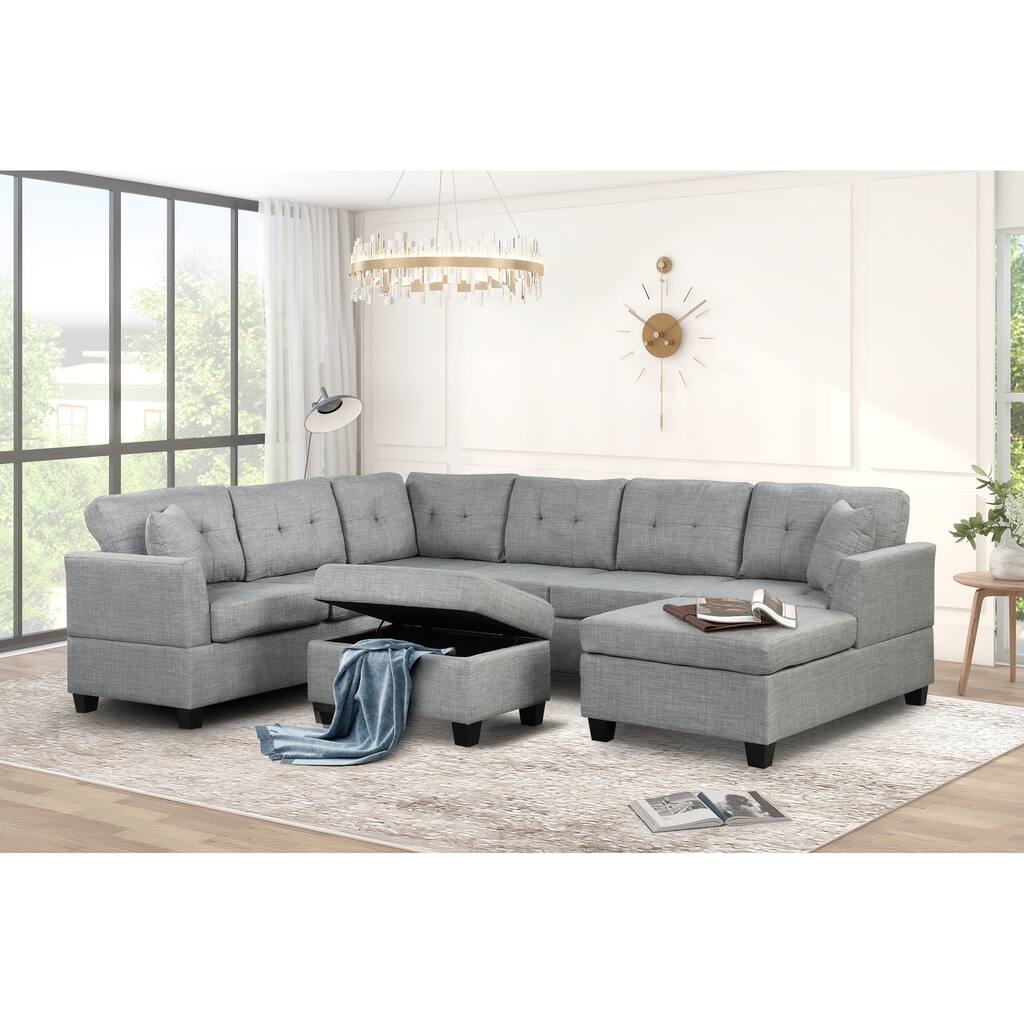 U Shaped Sectional Sofa with Storage Ottoman and 2 Throw Pillows